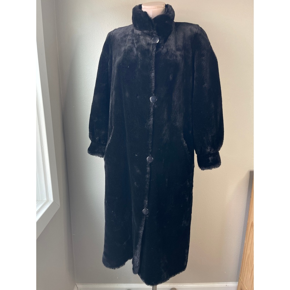 Vintage Faux Fur Coat Black Reversible 1980s Long Button Front Jacket